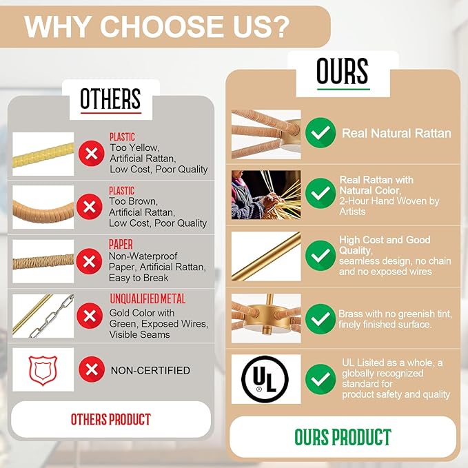 39” Boho Rattan Chandelier 6-Lights Rustic Industrial Pendant Light Large Adjustable Pendant Lighting Fixtures for Kitchen Island Dining Living Room, UL Listed