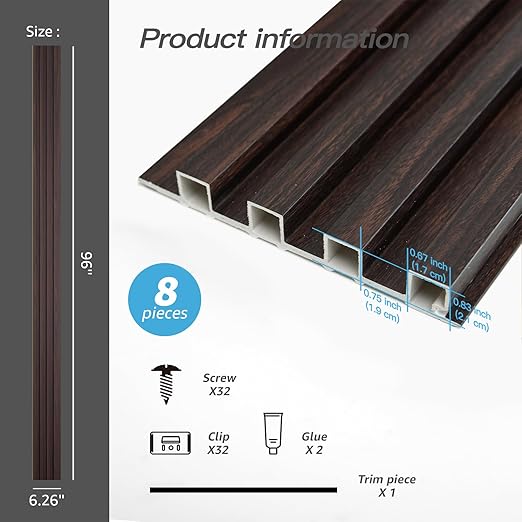 Art3d Slat Wall Panel for Modern Decor, WPC Acoustic Diffuser Panel, 8-Pack 96 x 6in. Black Walnut