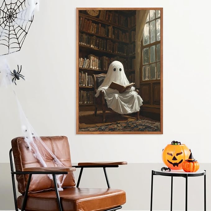 LHIUEM 16”X24”X3-Large Halloween Ghost Framed Wall Art Funny Ghosts Canvas Wall Decor Halloween Gothic Spooky Inspired Cute Ghosts Framed Pictures Vintage Creepy Ghost Artworks for Library Home Office