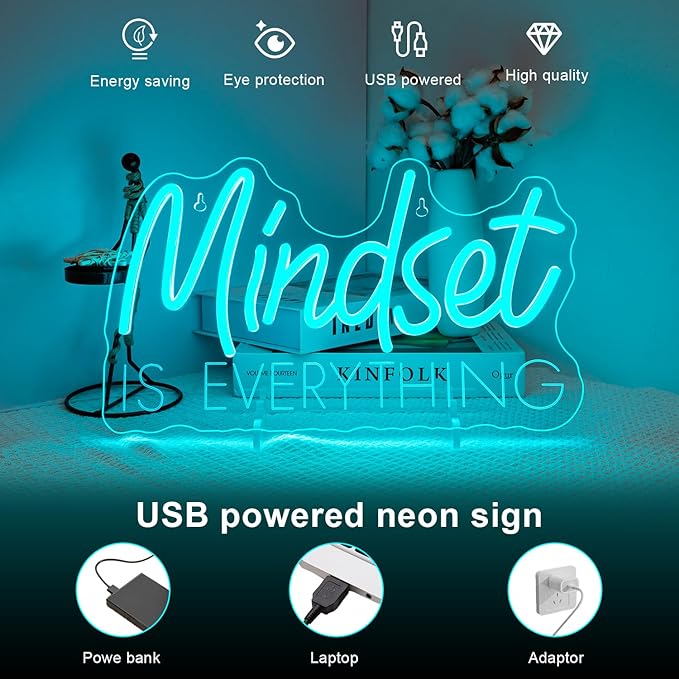 Lucunstar Mindset is Everything Neon Sign Blue Dimmable LED Inspirational Light Up Signs for Wall Decor USB Powered Neon Light for Home Room Office Gym School Classroom