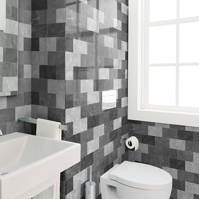 64-Pack Peel and Stick Backsplash Marble Wall Tiles, Waterproof 4" x 8" Glossy Imitation Gentleman Gray Marble, PVC Shower Wall Panels for Interior Wall Decor; Tile for Kitchen, Bathroom & Fireplace