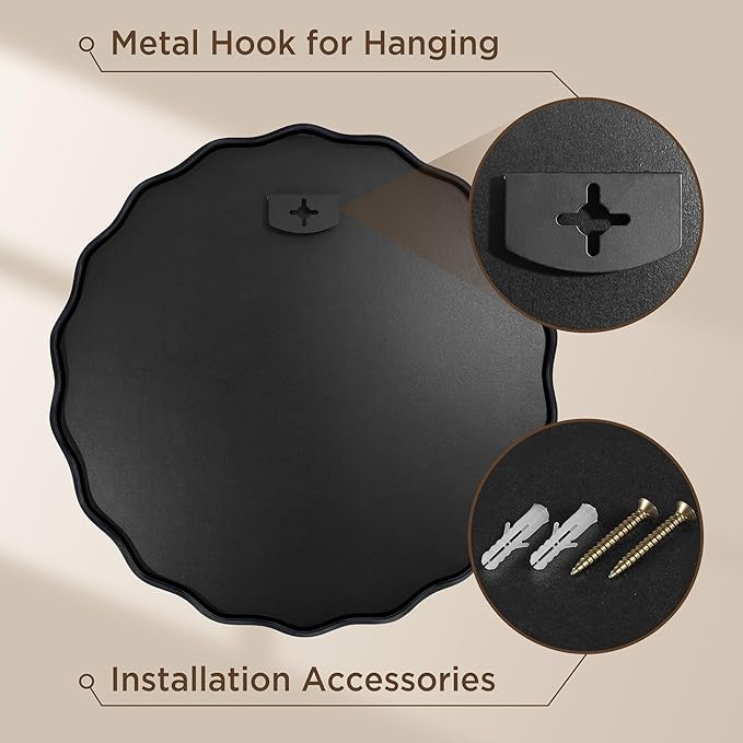 Black Round Mirror for Wall, 32"x32" Decorative Wavy Bathroom Mirror with Brushed Alloy Steel Frame & Shatter-Proof Glass, Hanging Circle Wall Mirrors for Bathroom, Entryway, Bedroom