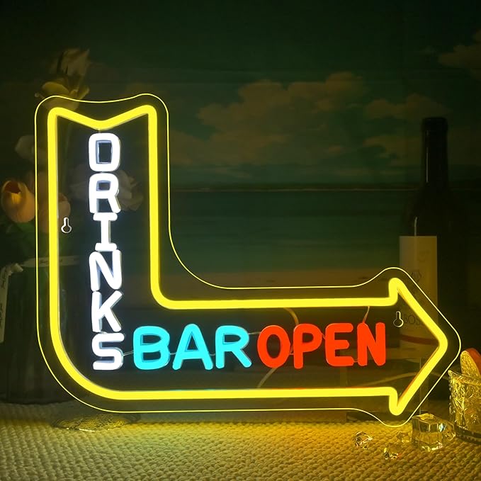 Looklight Drinks Bar Open Neon Sign for Wall Decor Right Arrow LED Light Sign Decoration for Bar Restaurant Man Cave Parties Cart Accessories, Get Your Business Seen Day Or Night