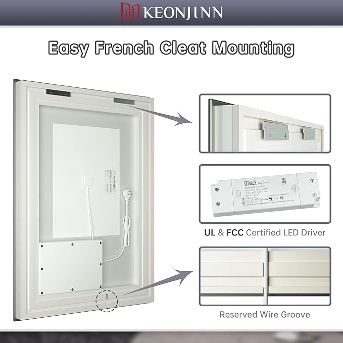 Keonjinn LED Bathroom Mirror 60" x 36" with Frontlit and Backlit, Tempered Glass Stepless 3 Colors Temperature & Dimmable Large Vanity Mirror, UL Listed LED Driver, Double Lights Anti-Fog Wall Mirror