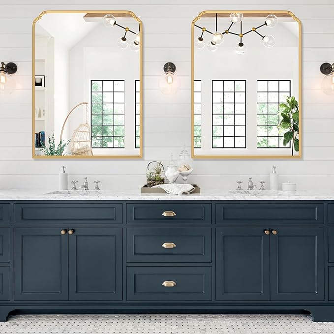 30X40 Inch Gold Bathroom Mirror for Vanity, Modern Rounded Corner Large Wall Mirror for Over Sink with Non-Rusting Iron Metal Framed (Tempered Glass)