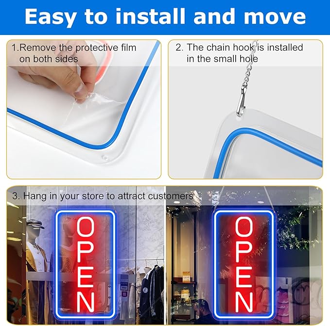 16"x 9" Ultra Bright 12V Neon Open Sign for Business, LED Open Neon Sign, Electric Light up Signs for Stores, Restaurants Shops Window (Blue-Red-Vertical)