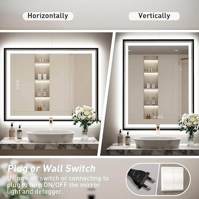 28X36 Inch Framed LED Lighted Bathroom Mirror,Backlit and Front Wall Mounted Black Metal Vanity Mirrors with Lights,Double LED Dimmable Illuminated & 3 Colors Temperature Anti-Fog Mirror