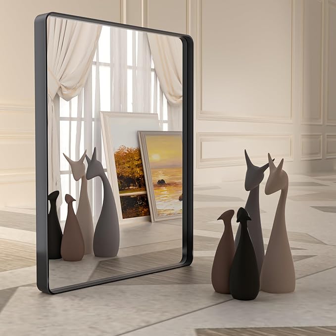 Black Metal Framed Bathroom Mirror 38X38 Inch,Matte Black Vanity Mirror,Tempered Glass,Round Corner,Farmhouse,Decorative Wall Mounted Rectangle Mirror