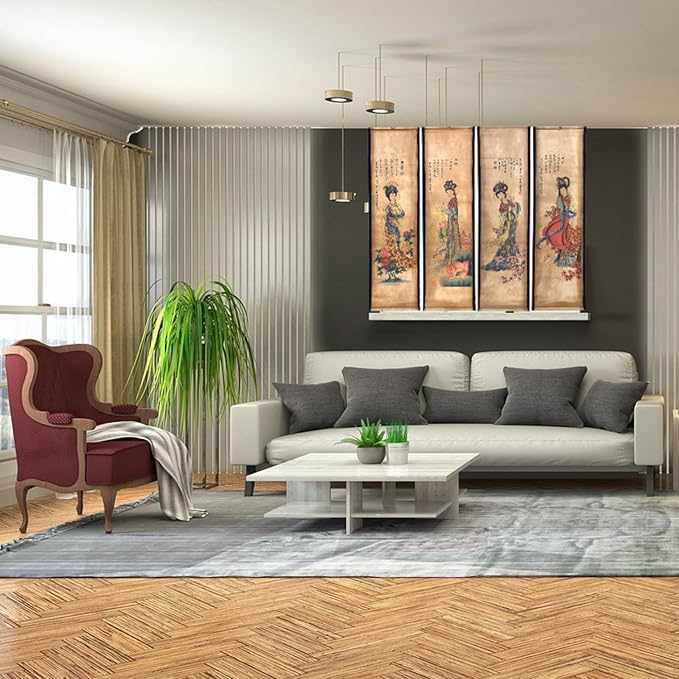 CIFIBIFUN Wall Asia Art Prints Posters Painting Eastern Vintage Style,4 Panels Old Paper Scroll Wood Framed Ready to Hang,Super Large Home Walls Decor Women