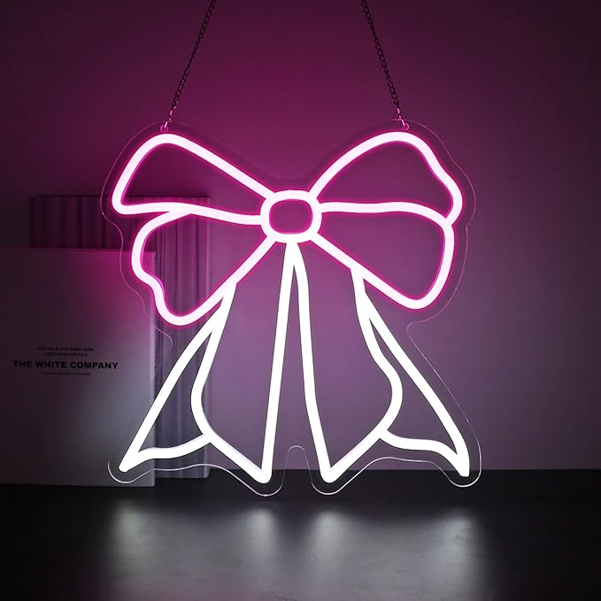 Bow Neon Sign, Neon Signs for Wall Decor Neon White Pink LED Signs Room Neon Light Up Signs Home Decor for Bedroom Club Party Bar Shop USB Operated