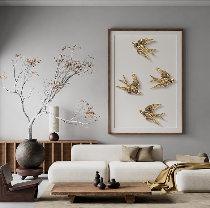 4 Pcs Vintage Bird Wall Sculpture Decor Art 4.7 Inch Antique 3D Sculpted Hanging Bird Resin Wall Art Golden Brass Rustic Floating Ornament for Living Room Garden Indoor Outdoor, Gift for Christmas