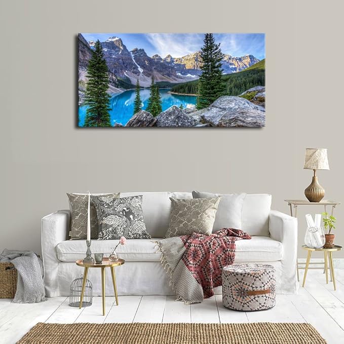 Canvas Wall Art Mountain Canvas Pictures Large Nature Artwork Moraine Lake Glacially Fed Lake National Park Contemporary Wall Art for Bedroom Living Room Home Office Kitchen Wall Decor 24" x 48