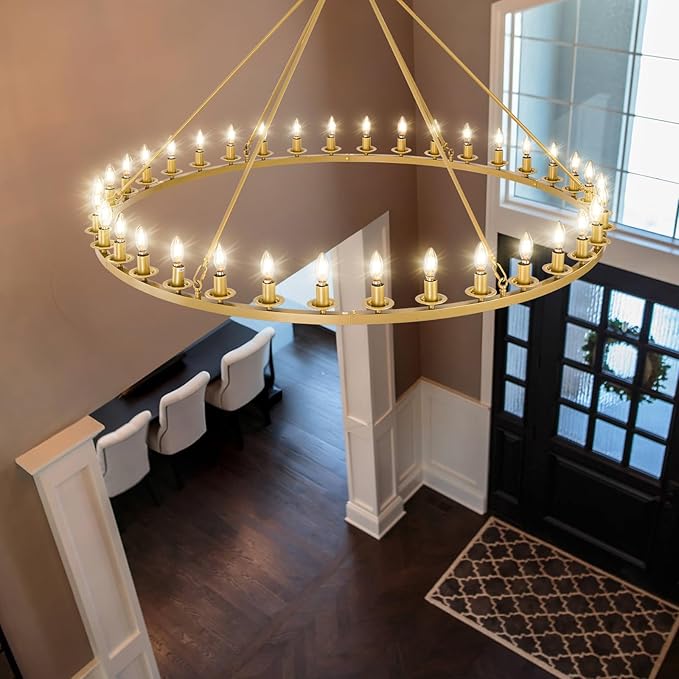 60in Gold Wagon Wheel Chandelier, 36-Light Farmhouse Large Chandelier Round Modern Rustic Industrial Adjustable Height for High Ceiling Living Room, Entryways, Foyer, Staircases, Dining Room