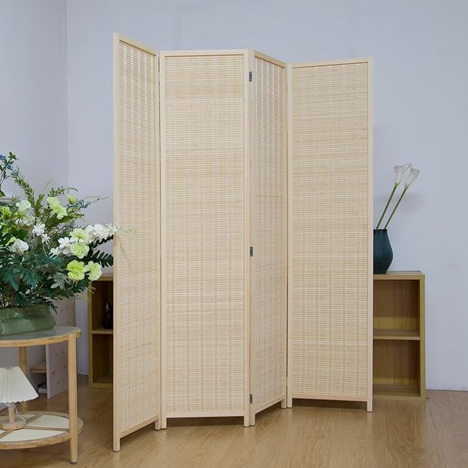 4 Panel Room Divider Screen, 5.6 FT Tall Bamboo Folding Privacy Screen, Freestanding Room Separator, Beige
