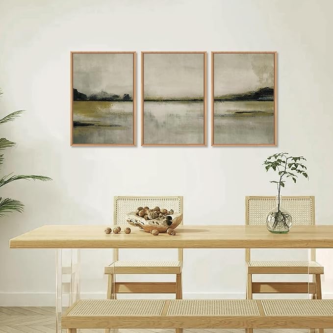 KAIRNE Abstract Mountain Lake Wall Art Set, 3 piece Textured Canvas Wall Decor, Framed Nordic Neutral Tan Painting, Nature Landscape Art Print for Bedroom, Living Room, Office - 24"x36"x3