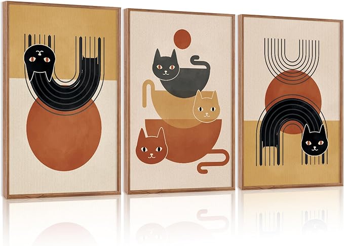 LHIUEM Boho Cat Framed Canvas Wall Art,Mid Century Animal Wall Decor,Modern Black Kitty Painting,Minimalist Orange Beige Artwork for Living Room,Bedroom,Dining Room -16"x24"x3