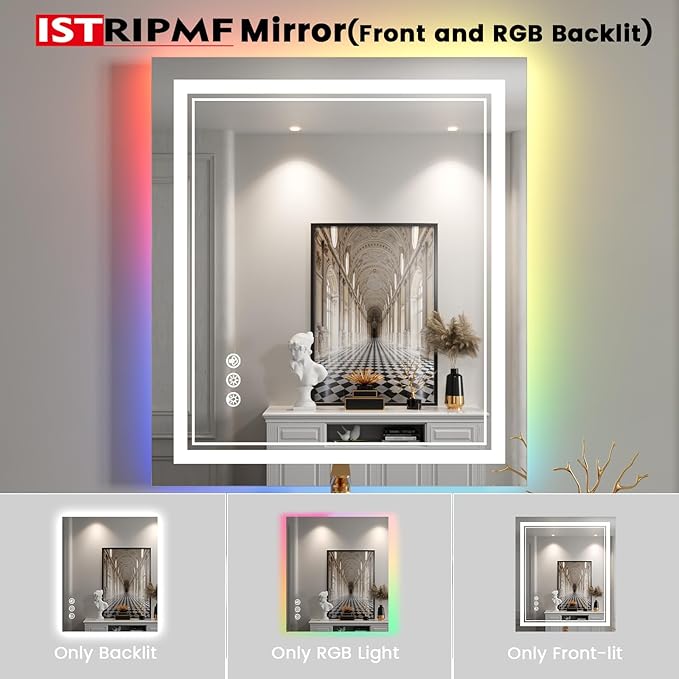 32x36 inch LED Bathroom Mirror with RGB Lights Color Changing Backlit Mirror Shatterproof Dimmable Anti-Fog Lighted Vanity Mirror (RGB Multicolor Backlit + Adjustable Front-Lighted)
