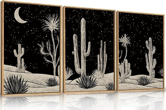 Desert Night Cactus Framed Wall Art Set,Modern Southwestern Black and White Wall Decor,Nature Rustic Moon and Stars Artwork for Living Room,Bedroom-24 x36 x3