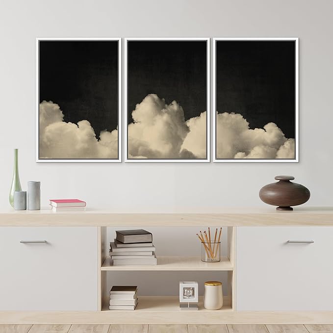 MUDECOR Framed Canvas Print Wall Art Dramatic Cloudscape Black and Beige Sky Illustrations Realism Decorative for Living Room, Bedroom, Office - 24"x36"x3 White