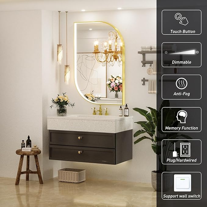 24X36 Inch LED Mirror for Bathroom with Lights,Gold Frame Lighted Irregular Asymmetrical Unique Vanity Wall Mirror,Anti-Fog,Dimmable