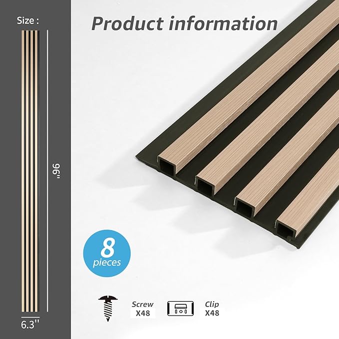 Art3d 8-Pack WPC Wood Slat Wall Panel for Interior Décor, 3D Wood Fluted Acoustic Paneling for Living Room Bedroom Home & Office Accent Wall Decor - 96 x 6 Inch Oak