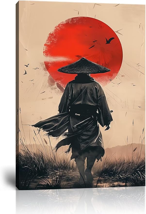 Japanese Wall Art Samurai Painting Canvas Prints Japaneses Martial Pictures Culture Art Posters Artwork Home Decor Framed for Living Room Bedroom Office (24''W x 36''H)