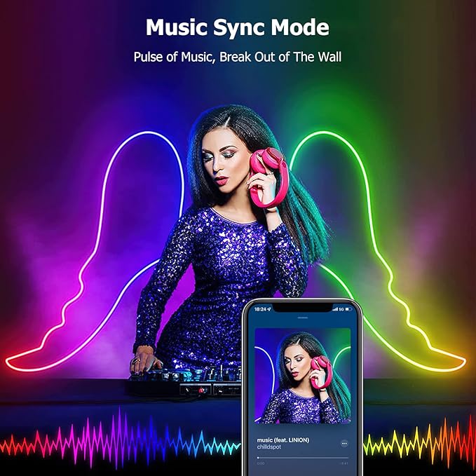 16.4ft WiFi RGB Rope Lights with Music Sync, Waterproof Flexible Dimmable Smart LED Strip Lights for Bedroom with Remote and Adapter, Compatible with Alexa, Indoor Outdoor Decor