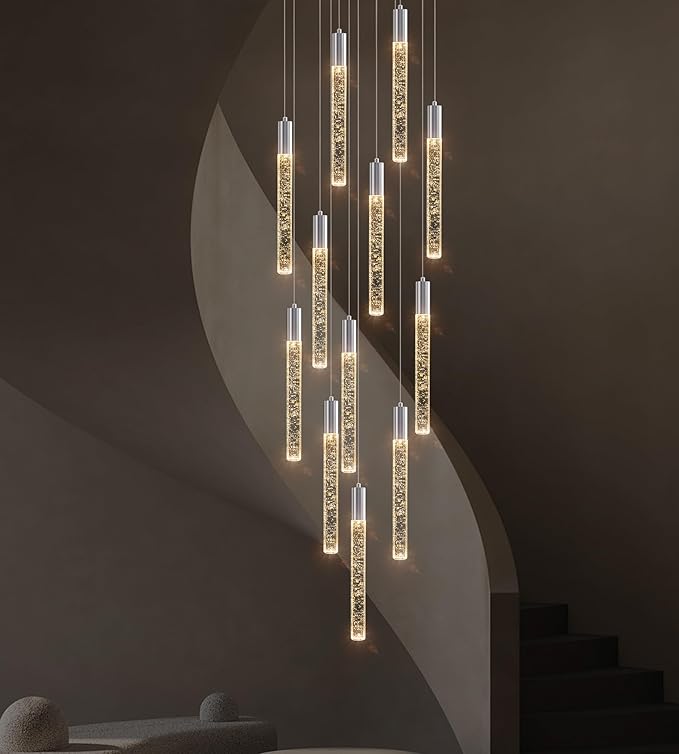 12-Lights High Ceiling Crystal Chandelier, Modern Large LED Raindrop Pendant Light Fixture 98.5" H Flush Mount Chandelier Chrome for Foyer Staircase Villa Living Room