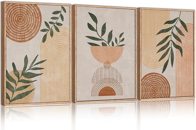CHDITB Framed Boho Wall Art Set of 3, 16"x24" Mid Century Modern Wall Decor, Bohemian Sun Geometric Painting, Large Abstract Canvas Art Print for Living Room, Bedroom, Dining Room, Office, Bathroom