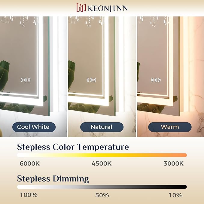 Keonjinn Led Bathroom Mirror with Lights, 36" x 36" Frontlit and Backlight, Stepless 3 Colors Temperature & Dimmable Wall Mirror, UL Listed LED Driver, Double LED Strips Tempered Glass Lighted Mirror