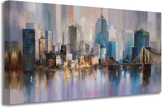 Ardemy Cityscape Wall Art Living Room Canvas Wall Decor Large Abstract Skyline New York City Paintings Wall Decor Modern NYC Pictures Artwork for Walls Bedroom Home Office, 48"x24"