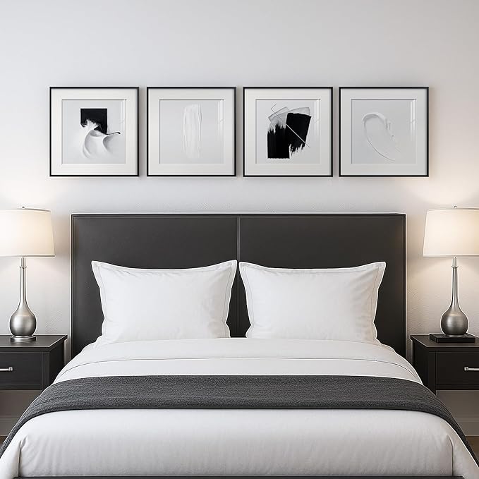 4 Panels Framed Abstract Black and White Wall Art Set, Modern Minimalist Line Print Home Decor, Canvas Pictures Paintings for Living Room Bedroom Bathroom Entryway and Dining Room 12x12 Inches