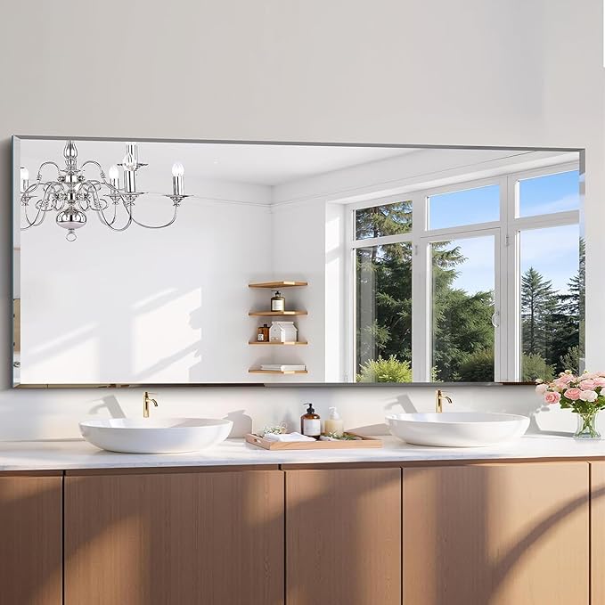 Beveled Mirror, 24x60 Large Frameless Beveled Bathroom Mirrors for Wall, Upgraded Shatterproof Rectangle Vanity Mirror with Beveled Edge for Bathroom, Bedroom, Living Room and Entryway