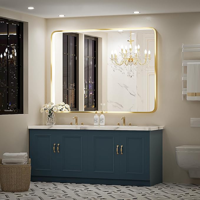 48X36 Inch LED Bathroom Mirror,Wall Mounted Lighted Vanity Mirrors with Non-Rusting Gold Metal Frame Anti-Fog Memory Funtion Stepless Dimmable(Horizontal/Vertical)