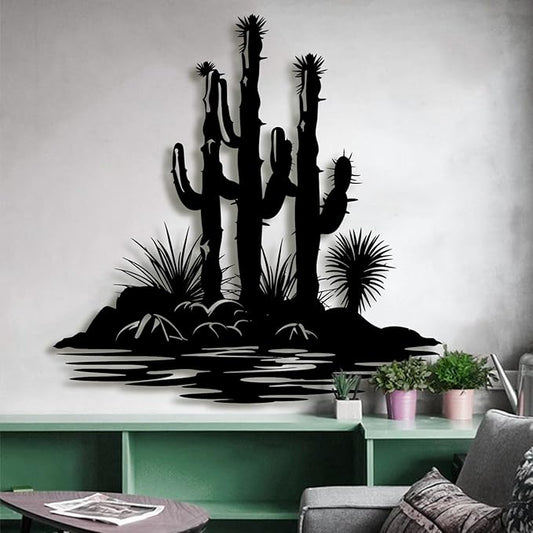 Lunwall Metal Cactus Wall Art, Southwestern Wall Decor, 24 L" x 24 W" / 60 x 60 cm, Black, Wall Mount, Living Room, Bedroom, Office, Bathroom, Kitchen