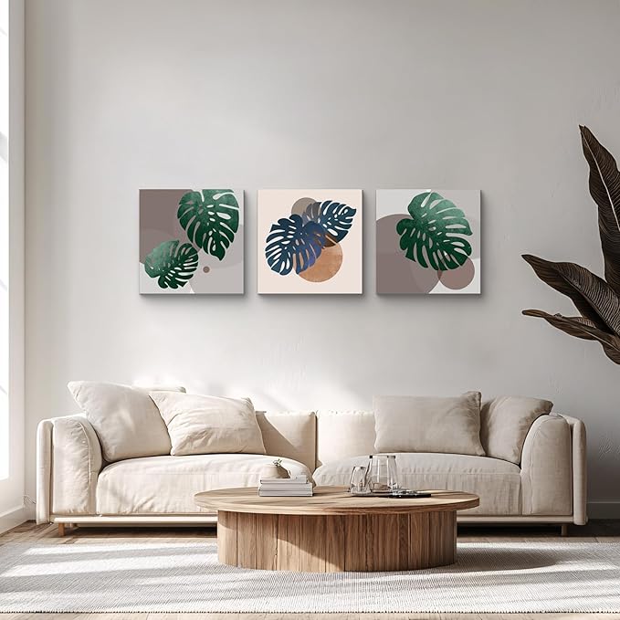 NAN Wind 3Pcs Tropical Leaf Wall Art Palm Frond and Foliage Canvas Print with Bold Orange Teal Yellow Shapes Mid-Century Modern Botanical Plant Pictures for Boho Living Room Bedroom Office Wall Decor