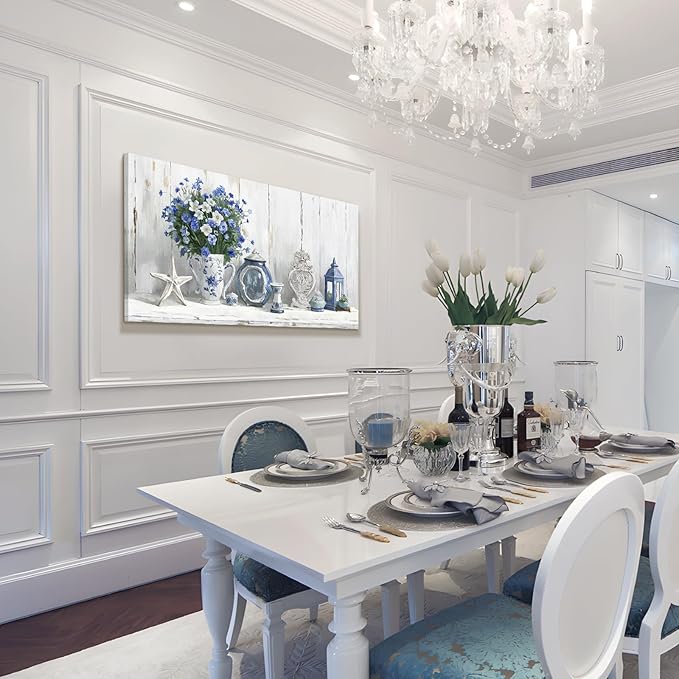 Nicetop Large Coastal Wall Art – Blue and White Floral Artwork, Rustic Farmhouse Canvas Prints with Flowers, Lantern and Ceramics Vintage Country Cottage Picture for Living Room Bedroom Kitchen 48x24 Inch