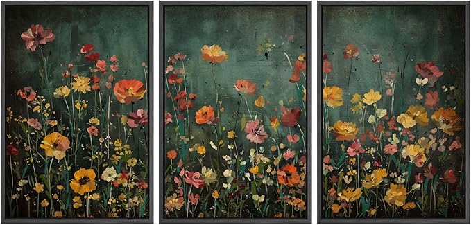 MUDECOR Framed Wall Art Print Set Vintage Wildflower Meadow with Colorful Blooms Illustrations Modern Art Boho Decorative Colorful Chic for Living Room, Bedroom, Office - 16"x24"x3 Black