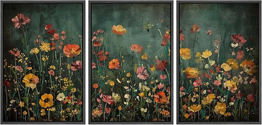 MUDECOR Framed Wall Art Print Set Vintage Wildflower Meadow with Colorful Blooms Illustrations Modern Art Boho Decorative Colorful Chic for Living Room, Bedroom, Office - 24"x36"x3 Black