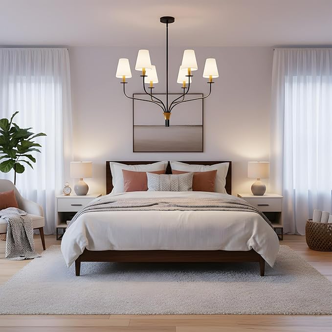 30" Modern Black and Gold Chandelier for Dining Room, 6-Light Mid Century Pendant Light with White Fabric Shade, Contemporary Ceiling Lighting for Living Room Bedroom Kitchen Island, E12