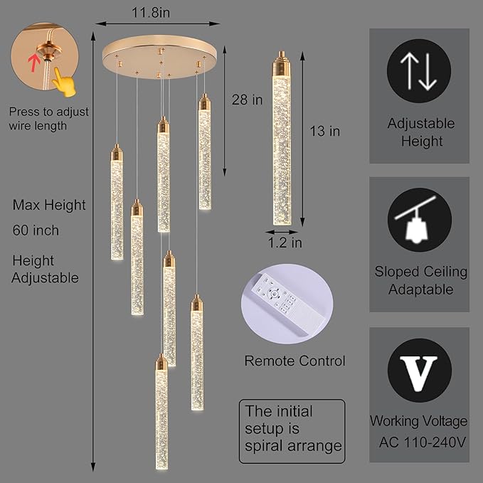 7-Light High Ceiling Crystal Staircase Chandelier Gold, Modern Spiral Raindrop Dimmable LED Bubble Cluster Ceiling Hanging Lighting Fixture for Foyer Living Room Entrance Remote Control