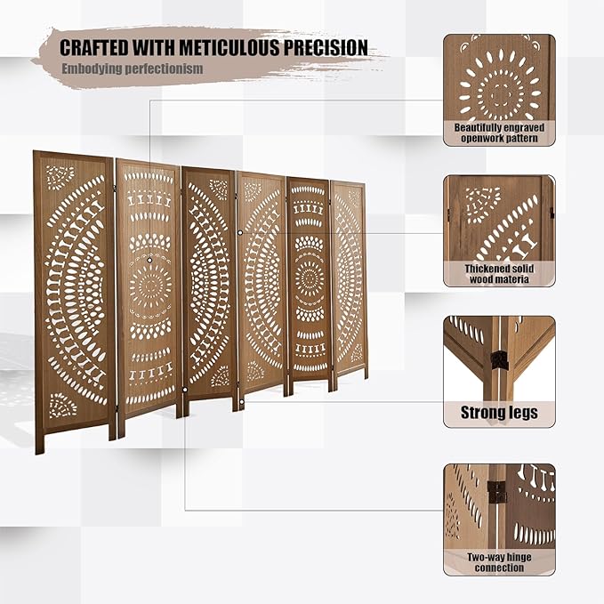 6 Panel Wood Room Divider Fully Assembled, Decorative Room Dividers and Folding Screens, 5.6Ft Room Divider Screen Freestanding Partition Wall Dividers for Home Bedroom Office, Brown