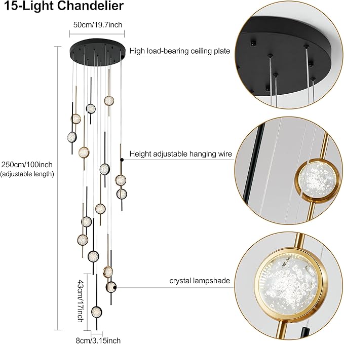 Modern Crystal 15-Light Chandelier, Black and Gold Special Exclusive Bubble Raindrop Chandelier for Spiral Staircase, Foyer, Entryway,High Ceiling (45W)