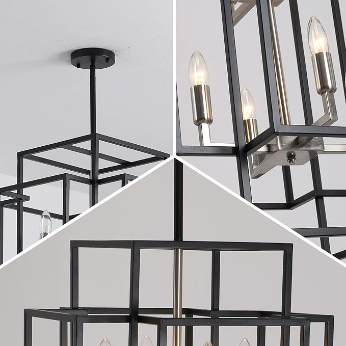 12-Light High Ceiling Chandeliers for Entryway, Farmhouse Large Pendant Light, Foyer Lighting Fixtures for Staircase Entry Dinning Room Kitchen Island, Black and Brushed Nickel