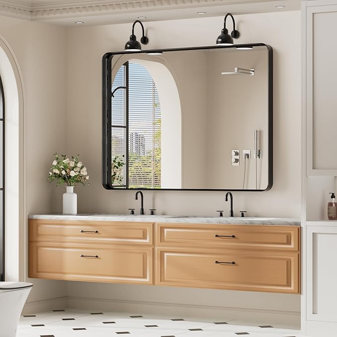 Koonmi Black Bathroom Mirror for Wall, 36x48 Inch Matte Metal Deep Framed Rounded Corner Wall Mirror, Shatterproof Tempered Glass for Farmhouse Bedroom Entryway, Vertically or Horizontally