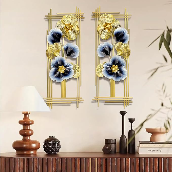 Metal 3D Wall Art Decor 2 Pcs 34" x 15" Wall Decor Handmade Golden Ginkgo Leaf Blue Flower Hanging Home Decor Wall Sculpture Modern for Living Room, Bedroom, Dining Room, Office and Hotel Large