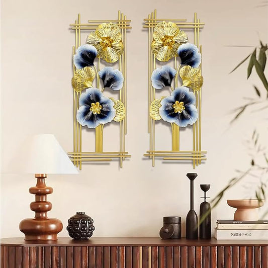 Metal 3D Wall Art Decor 2 Pcs 34" x 15" Wall Decor Handmade Golden Ginkgo Leaf Blue Flower Hanging Home Decor Wall Sculpture Modern for Living Room, Bedroom, Dining Room, Office and Hotel Large