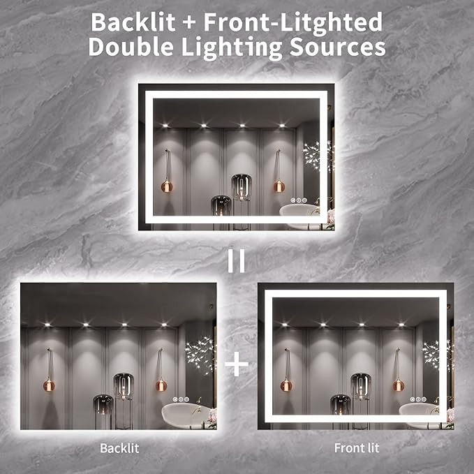 LOAAO 40X30 LED Bathroom Mirror with Lights, Anti-Fog, Dimmable, Backlit + Front Lit, Lighted Bathroom Vanity Mirror for Wall, Memory Function, Tempered Glass, ETL Listed