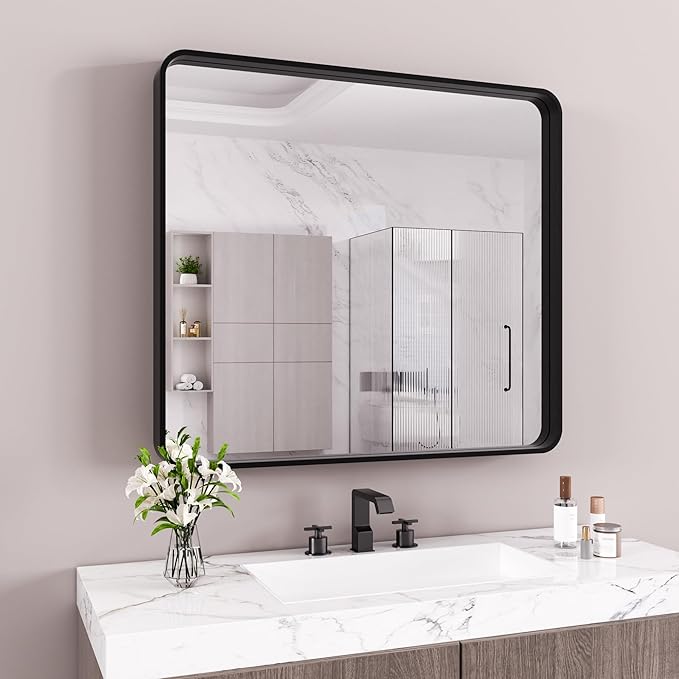 Black Bathroom Mirror 40X36 Inch, Black Metal Framed Mirror for Wall, Rounded Rectangle Matte Bathroom Vanity Mirror with Tempered Glass, Anti-Rust, Horizontal/Vertical