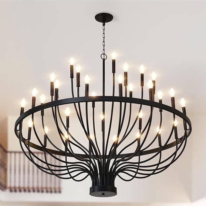 Large Black Chandeliers for High Ceilings, 33-Light 48" Farmhouse Light Fixture for Dining Room Kitchen Island, Modern Industrial Candle Style Chandelier for Living Room Stair Foyer